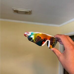 White Sports Sunglasses with Mirrored Multi-Color Lens - Men Oakley Oakleys